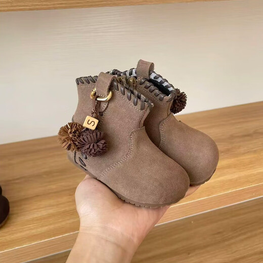 Chino Mouse Official Genuine Children's Cotton Shoes Winter New Velvet Warm Cotton Boots Girls Short Boots Baby Toddler Shoes Khaki Velvet Size 16 (Suitable for Feet Length 11.5-12.0cm)