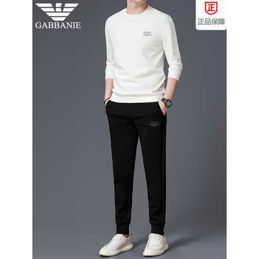 FALAMONE Armani new fashion casual suit pure cotton long-sleeved T-shirt men's sweatshirt sports two-piece set for young and middle-aged people 6061 white black M 165 (100-120Jin Jin equals 0.5 kg)