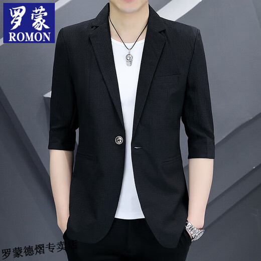 罗蒙七分袖西服男士冰丝薄款休闲外套夏季韩版中袖上衣透气短款小西装 黑色 2XL 140斤以下