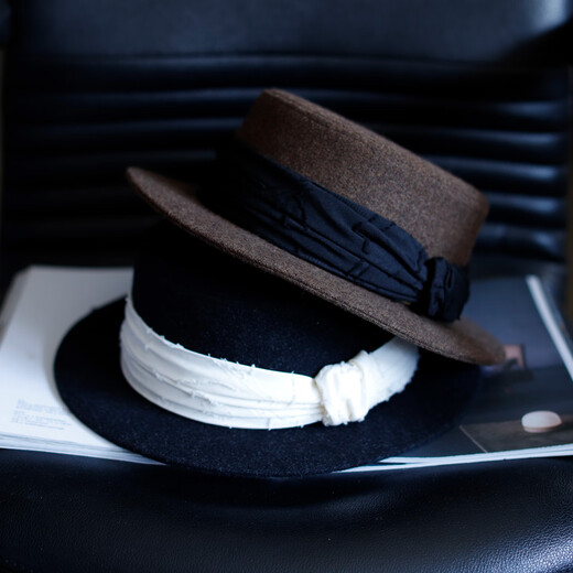 Tochino European and American retro autumn and winter wide-brim hat, high-end light luxury wool flat-top jazz hat, fashionable, elegant and warm, green coffee color M56-59CM adjustable