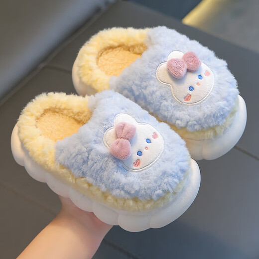 Winter children's cotton slippers for boys and girls, warm non-slip plus velvet parent-child bag with heel for small and medium-sized children, sky blue rabbit slippers, size 12 32/33 (inner length 19CM, suitable for feet 18