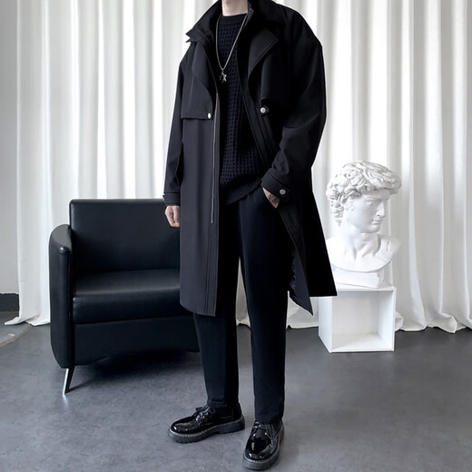 ROMON windbreaker men's autumn and winter mid-length fake two-piece double-collar casual coat men's youth coat men's black 2XL