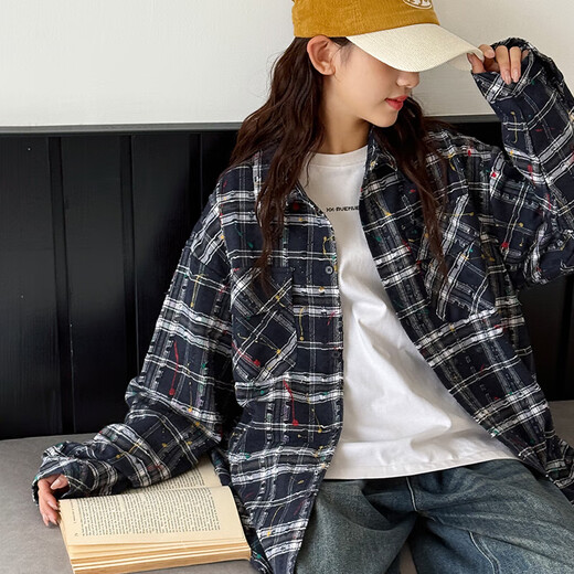 BJT Girls' Shirt 2025 Autumn New Children's Retro American-style Splash Jacket Big Children's Spring and Autumn Fashionable Top Navy Blue 160 cm