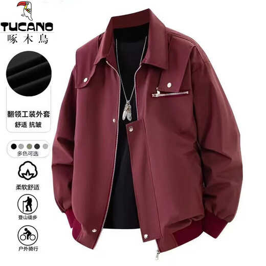 Woodpecker Jacket Men's Autumn and Winter Trendy American Loose Workwear Flight Jacket Men's Lapel Versatile Casual Top Black XL