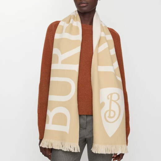BURBERRY wool scarf logo decoration logo letter shield pattern thin fringe decoration beige 8109562