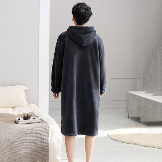 LangSha couple's nightgown, one man and one woman, winter flannel plus velvet warm hooded bathrobe pajamas, mid-length home wear, winter, female F8046 purple + male F9046 carbon gray M female + XL male