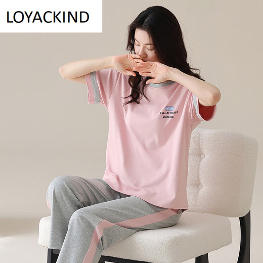 LOYACKIND summer short-sleeved pajamas suit trousers 100 cotton women's sports cotton home clothes thin large size can be worn outside Y9720 M