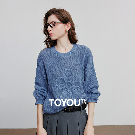 Chuyu three-dimensional floral knitted sweater for women 2025 autumn and winter new style dopamine mohair lazy top haze blue M