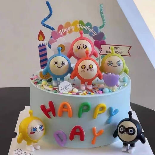 网红烘焙蛋仔派对生日蛋糕装饰摆饰卡通儿童男孩派对插件套装 孔雀蓝