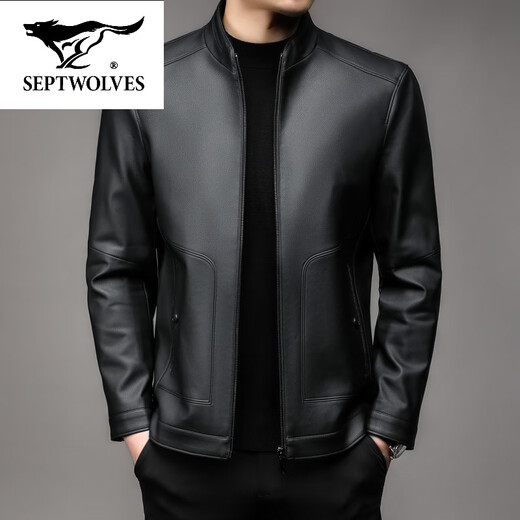 SEPTWOLVES stand collar leather jacket for men middle-aged dad autumn and winter new leather jacket men's business casual plus fleece leather jacket black thin 2XL 185 (suitable for weight 150-165)
