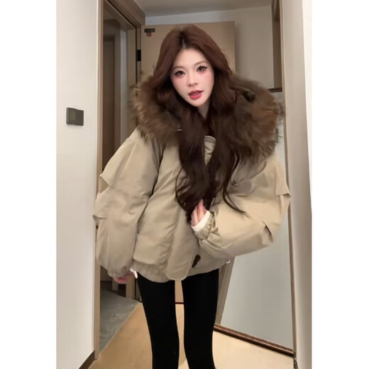 St. Paul Beauty Chaqueta con capucha y cuello de piel grande para mujer, Invierno 2025, nueva Chaqueta de algodón de estilo coreano, ropa de trabajo gruesa, Parka caqui S