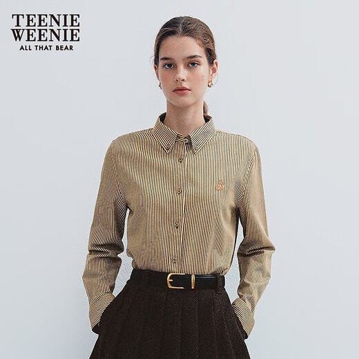 Teenie Weenie Bear Women's Shirt 2025 Winter New Simple Daily Slim Striped Shirt Khaki M