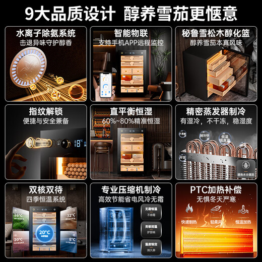 CIGARLOONG 28C cigar cabinet with constant temperature and humidity, household compressor, air-cooled, frost-free water ion removal, ammonia removal, cedar wood bare cigar cultivation, red wine cabinet, fingerprint lock, cigar cabinet, constant temperature and humidity control for cigar cultivation, classic sober cigar box model, purified ammonia + fingerprint lock + professional compressor