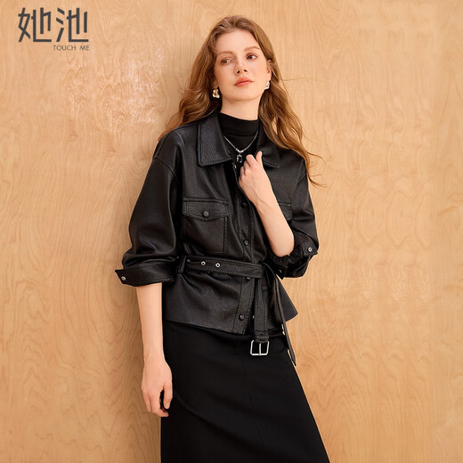 Shechi PU Jacket 2025 Autumn New Women's Fashion Loose Style Dropped Shoulder Sleeves Lapel Single-Breasted Cropped Top Black M