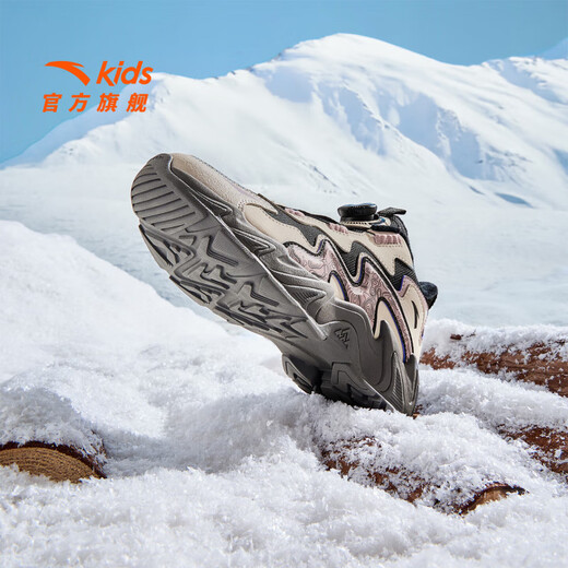 ANTA Children's Cotton Shoes for Girls and Big Kids Ridge Autumn and Winter New Product Plus Velvet Warm Leather Mesh Splicing Knob Button High Top Snow Boots Black/First Degree Gray-3 34