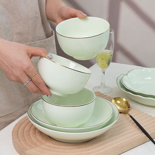Meikejie ceramic bowl household Baichuan Jasper new single light luxury gold-rimmed tableware noodle bowl dish bowl plate rice bowl simple Baichuan Jasper 5-inch bowl 10 pieces