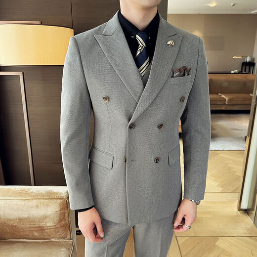 Jason's diagonal striped double-breasted suit for men, business casual formal fit, Korean style groom's wedding suit, three-piece suit, milky white (single suit) 2XL