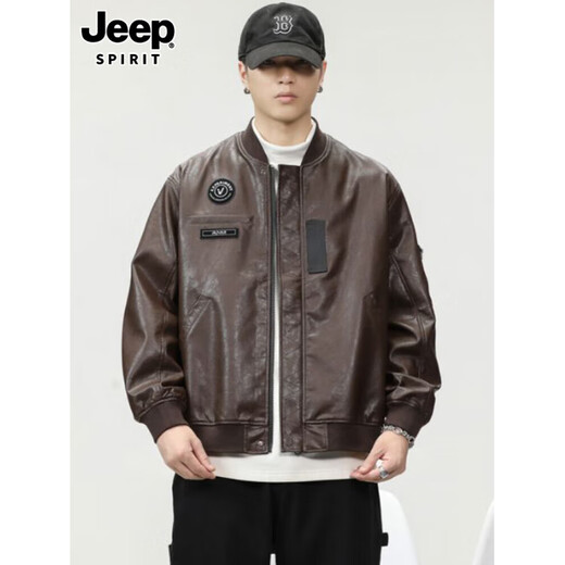 JEEP SPIRIT Jeep high-end jacket men's PU leather jacket men's spring American heavy loose retro casual leather jacket men's P04 brown jacket XL size suitable for 140-160Jin Jin equals 0.5 kg