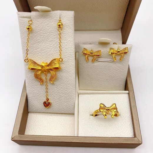 Reza Fake Hardware Set Engagement Props Simulated Three-Gold Table Sand Gold Jewelry Set Five-piece Set Ancient Heritage Bracelet 56 Sizes (Necklace + Ring + Earrings + Bracelet + Bracelet