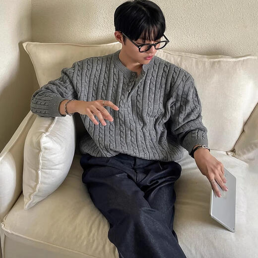 Semir Heavy Industry Knitted Twist Henley Neck Sweater Men's Spring and Autumn New Korean Style Lazy Loose Pullover Sweater Gray Gray XL