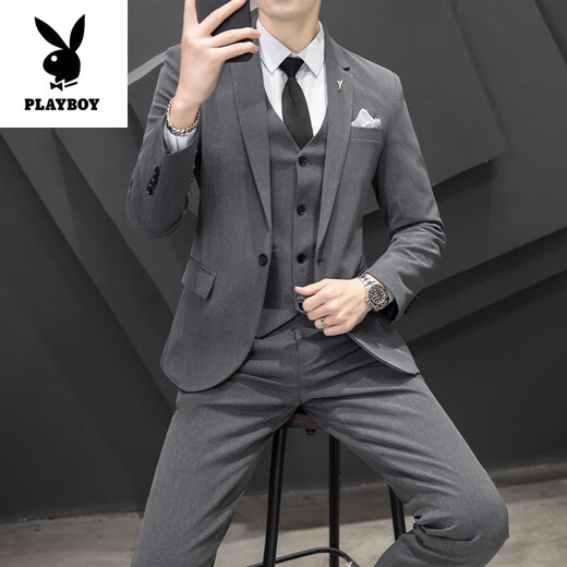 Playboy (PLAYBOY) high-end casual suit suit for men, Korean style business suit, three-piece suit, slim fit wedding groomsmen dress, high-end suit, apricot suit + vest + pants, waist tie XL (120~135Jin Jin is equal to 0.5kg)