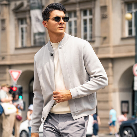 Mr. Bu baseball collar men's wool jacket with hidden placket pockets oatmeal gray S (165)