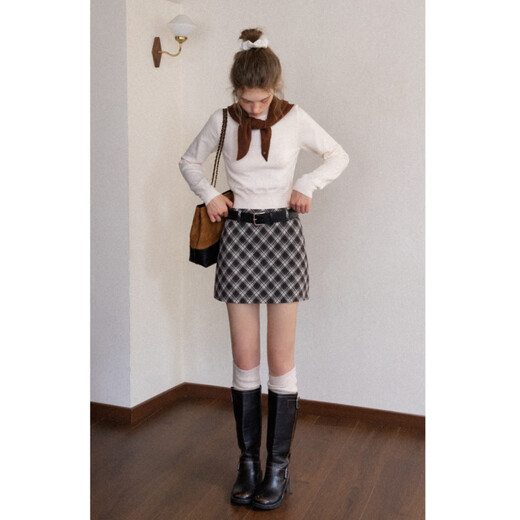 EGGKA Korean high-waist A-line plaid woolen skirt retro arm-wrap versatile short skirt E25B30166AF black S