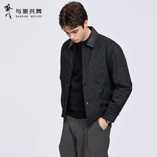 Dances with Wolves Barn Style Lapel Padded Jacket Men's 2025 Autumn and Winter New Casual Retro Print Warm Jacket 1017 Black 001 L (175)