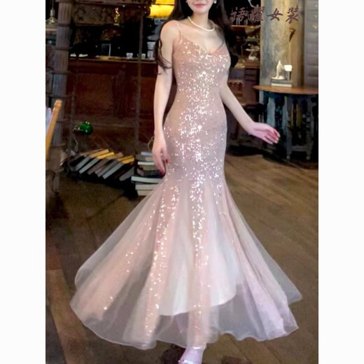 Feng Xiaowei birthday party dress high-end light luxury niche sense socialite heavy industry fishtail sequin suspender dress champagne color (original custom-made high with breast pads) S
