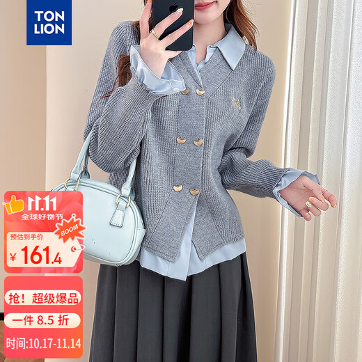 TonLion 2025 autumn and winter woven splicing lapel double-breasted fake two-piece women's cardigan sweater