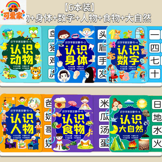 可爱家幼儿识字早教安静书宝宝启蒙粘贴书儿童魔术贴卡片玩具认字卡六一 【6本装】大自然+数字+食物+动物