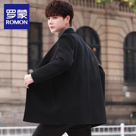 ROMON double-sided woolen coat men's short Korean style suit woolen coat spring and autumn thickened windbreaker men's top black M (110-130Jin Jin is equal to about 0.5 kg)