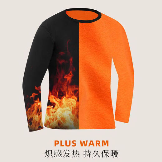 Men's round neck thermal underwear plus velvet warm autumn clothing for winter solid color slim long-sleeved T-shirt tops round neck black 2XL (recommended 135-150 Jin Jin equals 0.5 kg)