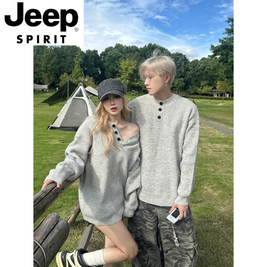 JEEP SPIRITcleanfit couple wear Henry collar gray sweater for men and women in autumn and winter lazy style high-end coat sweater trendy gray sweater for men and women M