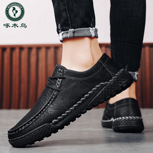 
Woodpecker casual leather shoes for men 2025 new breathable outdoor sports lazy bean shoes genuine leather soft sole anti-slip trend black [9903 four seasons] 39
