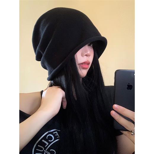 JTTCAC Yu Shuxin's same style hat for women in autumn and winter, versatile big head circumference, black curled hem pile hat, face-shaping small Baotou cold hat, off-white, one size fits all (Priority for delivery if added to favorites)