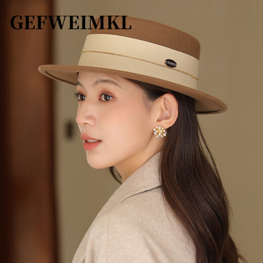 GEFWEIMKL Merino Wool Top Hat Feminine Style Socialite Spring and Autumn New Elegant and Versatile Hepburn Style Fashion Flat Top Hat Camel