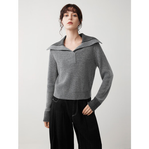 ELLE sheep wool large lapel loose sweater for women 2025 winter new style lazy high-end commuting wool sweater medium gray M