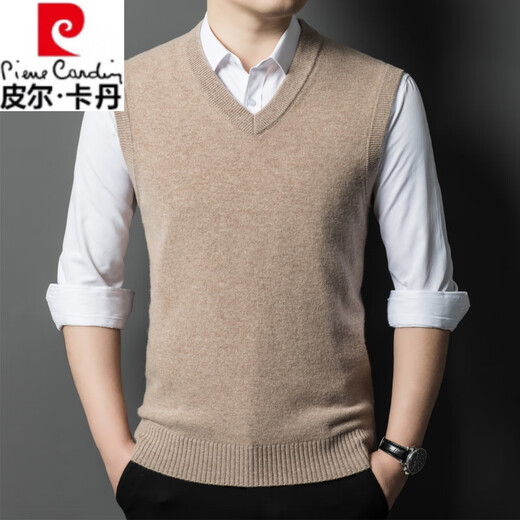 Pierre Cardin haut de gamme automne et hiver 100 laine col en V gilet pour hommes d'âge moyen affaires décontracté épais pull en laine couche de base chaude couleur verte 3310 4XL / 130 recommandé 185-205Jin Jin équivaut à 0,5 kg