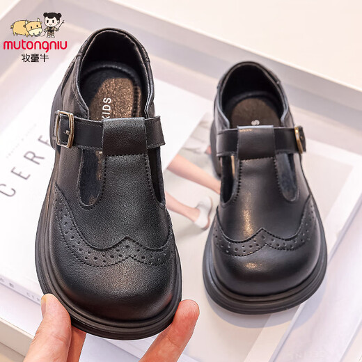 MUTONGNIU Girls' Shoes Children's Genuine Leather Princess Shoes New Baby Autumn Girls' Single Shoes Soft Sole Small Leather Shoes Black 23 Shoe Inner Length Approximately 15.0CM