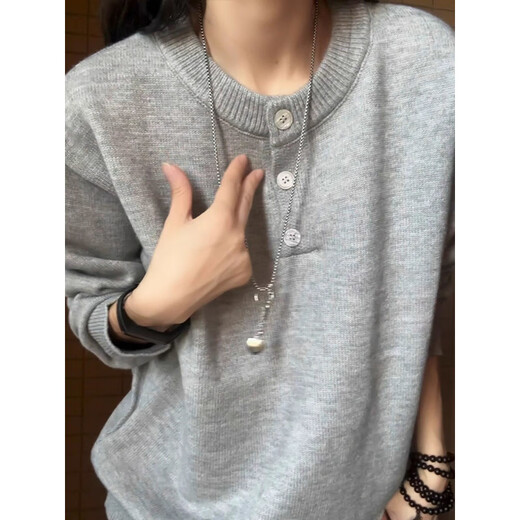 XUANSENTU American Henley Collar Heavy Gray Sweater Men's Lazy Shoulder Bottoming Sweater Couple Sweater Trendy Light Gray Upgraded Model 95% Users Choose M