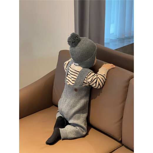 In stock baby spring and autumn knitted overalls, weightlifting pants, Korean children's pants, baby spring wool jumpsuit gray overalls + apricot black striped sweater 66cm