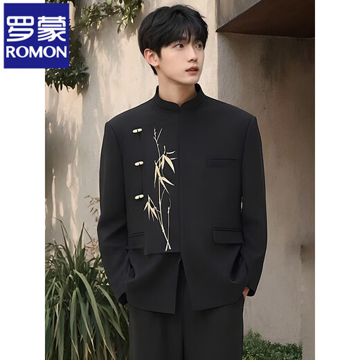 ROMON new Chinese style men's adult dress engagement wedding suit stand collar golden bamboo DK tunic suit class suit black suit XL