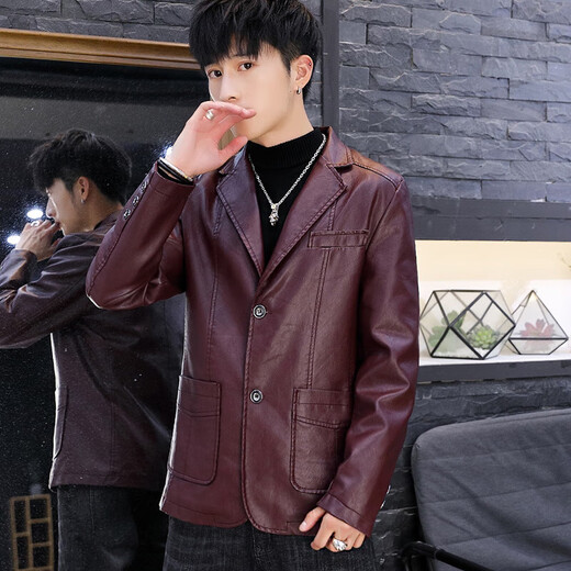 MGOLCPS men's leather jacket autumn and winter velvet thick Korean version trendy handsome suit leather jacket leather jacket motorcycle suit men's black ZW8937 non-velvet M