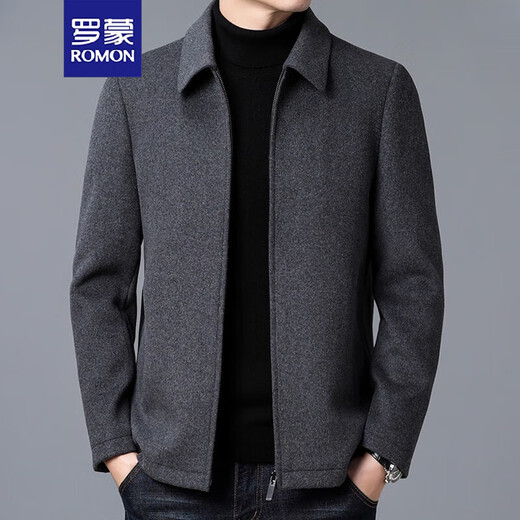 ROMON Wool Woolen Coat Jacket Men's Short Autumn and Winter Clothing Thickened Lapel Middle-aged Men's Woolen Jacket Gray XL 180/145-165Jin Jin equals 0.5 kg