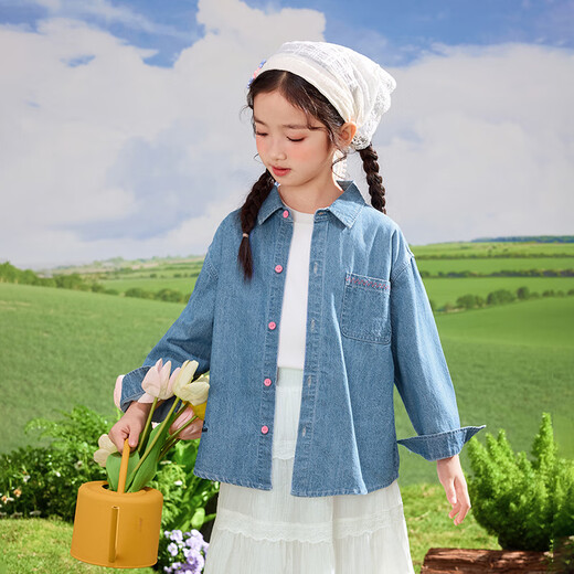 Xiaoyinman Girls Denim Shirt Logo Embroidery 2025 Spring Fashion Casual Jacket for Middle-aged and Little Girls