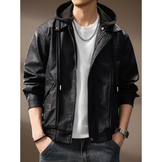 Revium high-end trendy brand motorcycle style detachable hooded PU leather jacket for men 2025 autumn and winter new tough guy retro loose jacket black M suitable for 100-120Jin Jin equals 0.5 kg