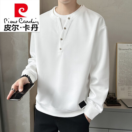 Pierre Cardin high-end fake two-piece Henry collar sweatshirt men's spring and autumn 2025 new long-sleeved T-shirt casual inner layering shirt white M approximately 100-120Jin Jin equals 0.5 kg can be worn
