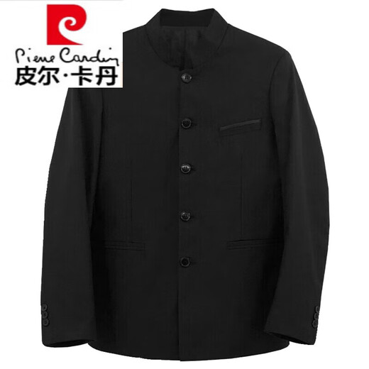 Pierre Cardin Chinese tunic suit engagement wedding suit men's stand collar new Chinese suit suit men's knitted handsome suit jacket black jacket + pants XS