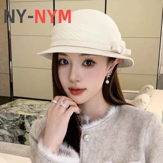 NY-NYM autumn and winter mesh small bow wool hat women's retro Hepburn style woolen hat temperament elegant small brim basin hat milky white adjustable (54-58cm)